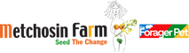 Metchosin Farm logo with a person holding flowers and Forager Pet logo on a white background