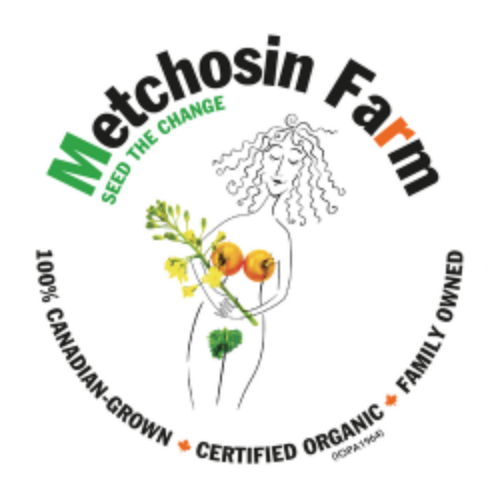 Metchosin Farm logo with text and a stylized illustration of a person holding vegetables.