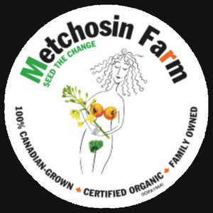 Logo of Metchosin Farm with a stylized woman holding flowers and text about farming and certification.