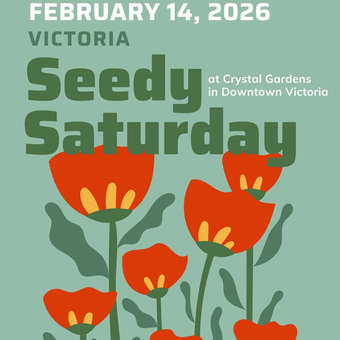 Promotional poster for 'Seedy Saturday' event with red flowers on a light green background